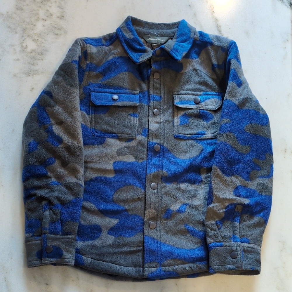 Eddie Bauer Boys Camo Fleece Shacket Blue Gray Snap Front XS